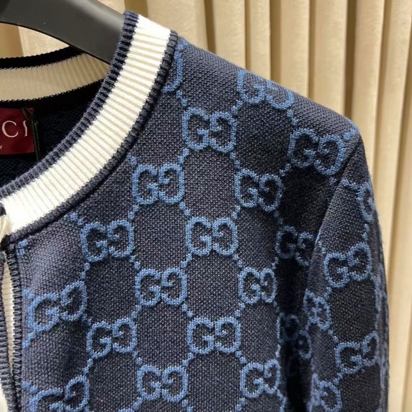 Gucci GG Logo Monogram Striped Jacquard Knit Cotton Cardigan in Navy size Large - Picture 6 of 8